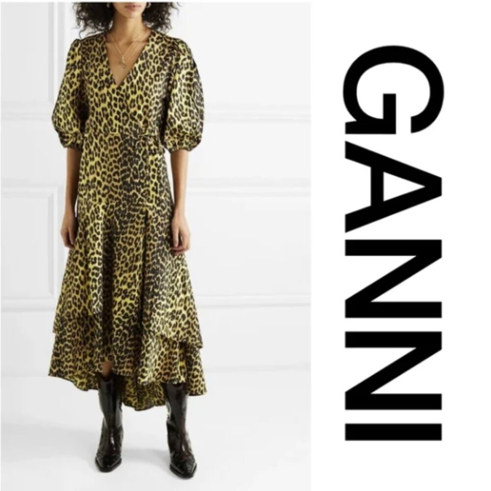 GANNI Bijou Minion Yellow Leopard Animal Print Cotton V-Neck Maxi Wrap Dress